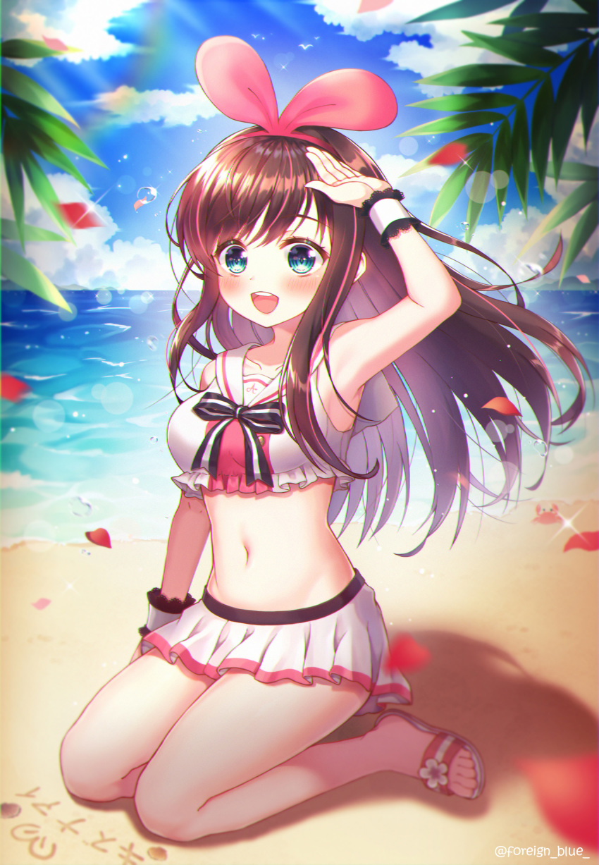 :d a.i._channel absurdres animal arm_up armpits bare_shoulders beach black_bow blush bow brown_hair commentary_request crab crop_top day foreign_blue green_eyes hair_ribbon highres kizuna_ai long_hair multicolored_hair open_mouth outdoors petals pink_hair pink_ribbon pleated_skirt ribbon round_teeth sailor_collar sand sandals shirt sitting skirt sleeveless sleeveless_shirt smile solo streaked_hair striped striped_bow teeth twitter_username upper_teeth very_long_hair virtual_youtuber wariza water white_footwear white_sailor_collar white_shirt white_skirt wrist_cuffs