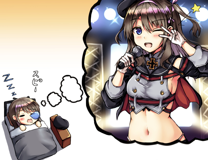 ;d armpit_peek azur_lane bed beret black_hair blue_eyes blush breasts buranketo_2 chibi commentary_request crop_top detached_sleeves dreaming eyebrows_visible_through_hair gloves hair_ornament hat iron_cross light long_hair looking_at_viewer medium_breasts microphone multiple_views navel one_eye_closed open_mouth sideboob simple_background sleeping smile stage_lights star white_gloves z35_(azur_lane) zzz