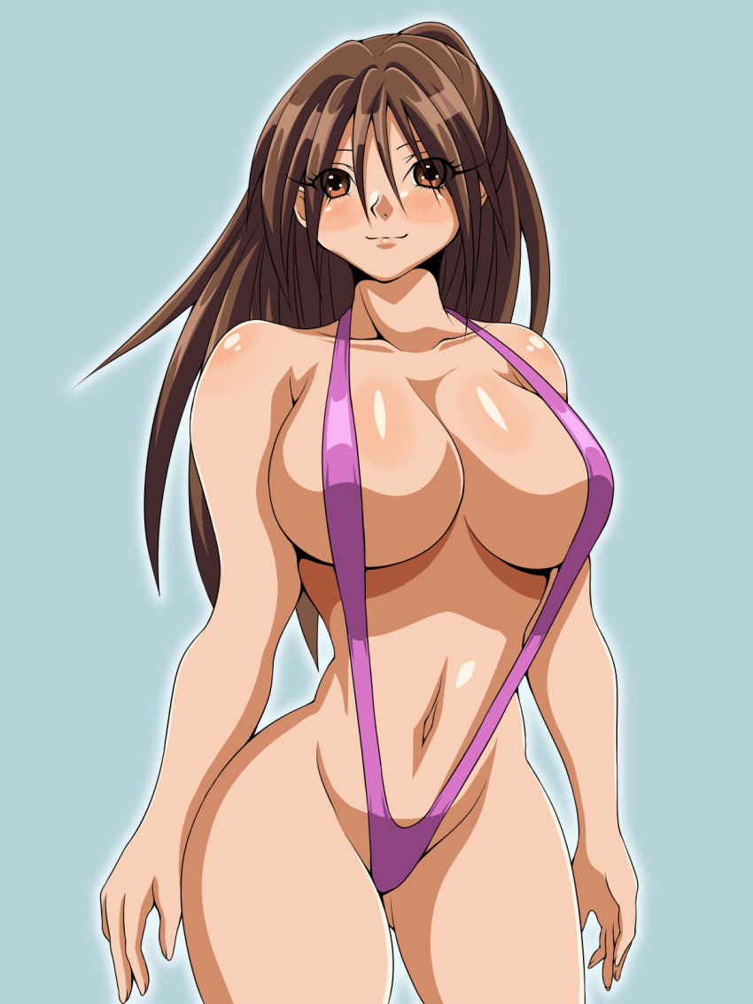 00s 1girl ass_visible_through_thighs bikini blue_background blush breasts brown_eyes brown_hair cleavage eyes_visible_through_hair gluteal_fold ichigo_100_percent inabakun00 kitaooji_satsuki large_breasts long_hair looking_at_viewer matching_hair/eyes navel simple_background slingshot_swimsuit smile solo standing swimsuit