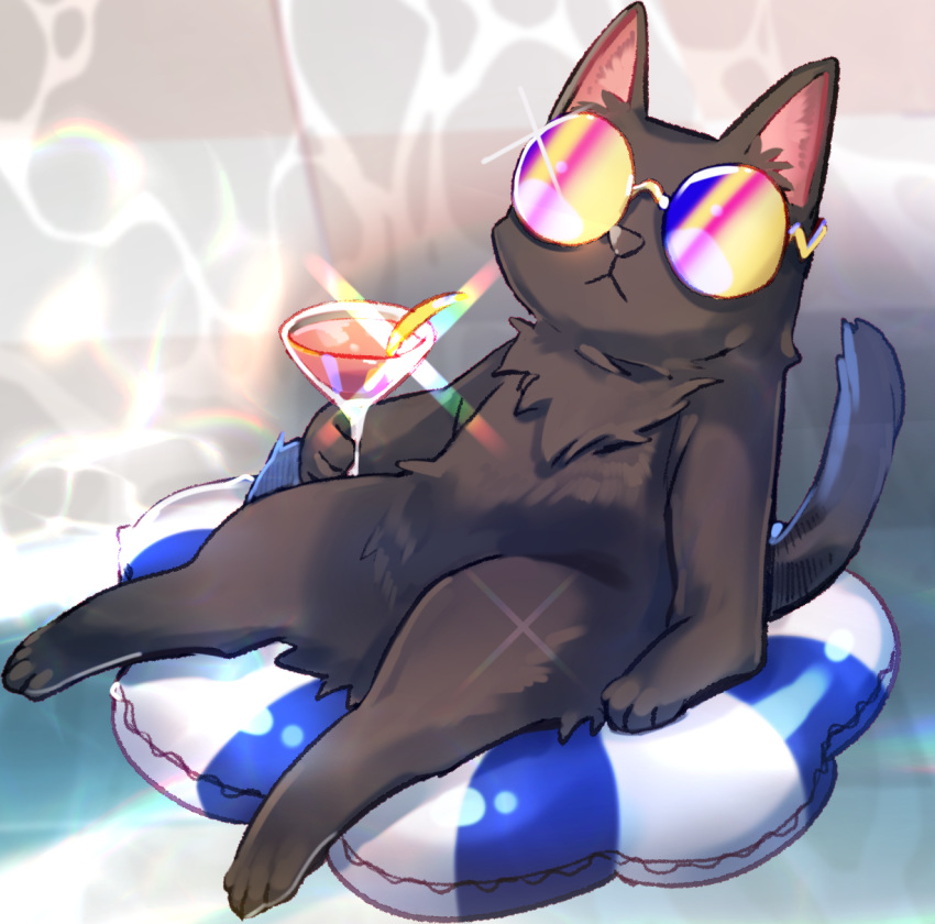 cat cat_focus cocktail_glass cup drink drinking_glass highres innertube interitio looking_at_viewer no_humans original sitting sunglasses