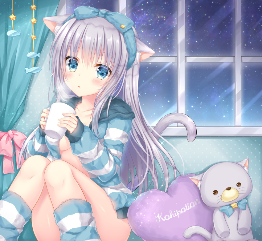 animal_ears bangs blush breasts cat_ears cat_girl cat_tail commentary_request convenient_leg cup curtains grey_hair hair_between_eyes hair_ribbon highres holding indoors knees_together_feet_apart kohinata_hoshimi long_hair looking_at_viewer medium_breasts mug no_bra no_panties open_clothes original parted_lips pillow polka_dot ribbon sideboob sitting socks solo sparkle star striped striped_legwear stuffed_animal stuffed_toy tail window