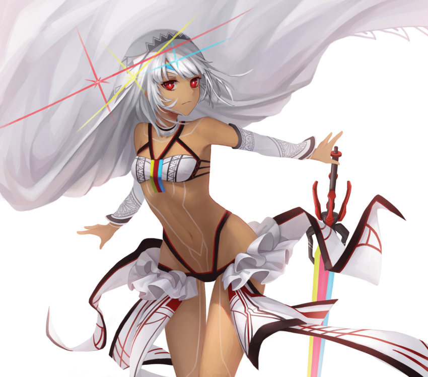 ain_(3990473) altera_(fate) bangs bare_shoulders blunt_bangs breasts choker closed_mouth collarbone commentary_request dark_skin detached_sleeves expressionless fate/extella fate/extra fate/grand_order fate_(series) full_body_tattoo headdress highres hips holding holding_sword holding_weapon jewelry midriff navel photon_ray red_eyes revealing_clothes short_hair showgirl_skirt simple_background skirt small_breasts solo standing stomach stomach_tattoo sword tan tattoo thighs veil weapon white_background white_hair white_skirt