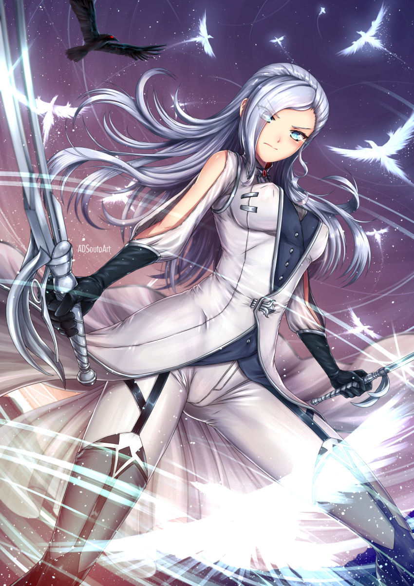 adsouto alternate_hairstyle artist_name bird blue_eyes blush breasts closed_mouth dual_wielding eyebrows_visible_through_hair eyes_visible_through_hair garter_straps gloves hair_over_one_eye highres holding large_breasts long_hair looking_at_viewer pants raven_(animal) rwby silver_hair sky solo star_(sky) starry_sky sunset sword thighhighs uniform watermark weapon white_hair wind winter_schnee