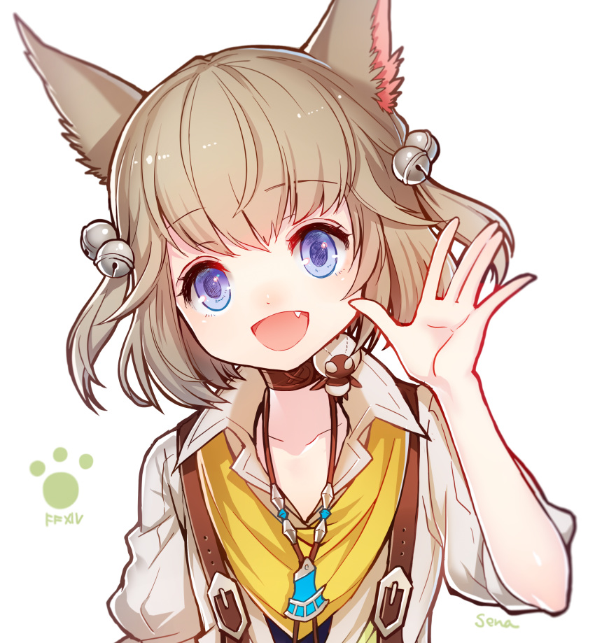 :d absurdres animal_ears bell blue_eyes brown_choker cat_ears choker collarbone copyright_name eyebrows_visible_through_hair fang final_fantasy final_fantasy_xiv hair_bell hair_ornament hand_up highres jewelry jingle_bell khloe_aliapoh light_brown_hair looking_at_viewer md5_mismatch miqo'te necklace open_mouth paw_print senano-yu short_hair smile solo upper_body white_background