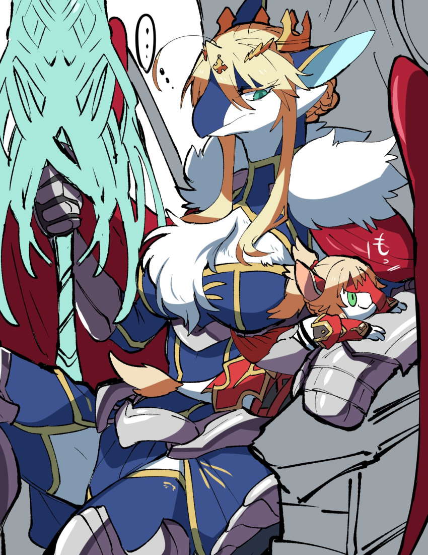 alternate_species anthro anthrofied armor big_breasts big_ears blonde_hair breasts cape chair chest_tuft cleavage clothed clothing crown daughter dragon duo female fluffy gauntlets gloves green_eyes hair hair_bun holding_object holding_weapon lance lancer_(arturia) larger_female melee_weapon mother mother_and_daughter parent polearm rhongomyniad saber_(fate) saber_of_red short_hair sitting size_difference smaller_female takatsuki_nato throne tuft weapon wingless_dragon wings
