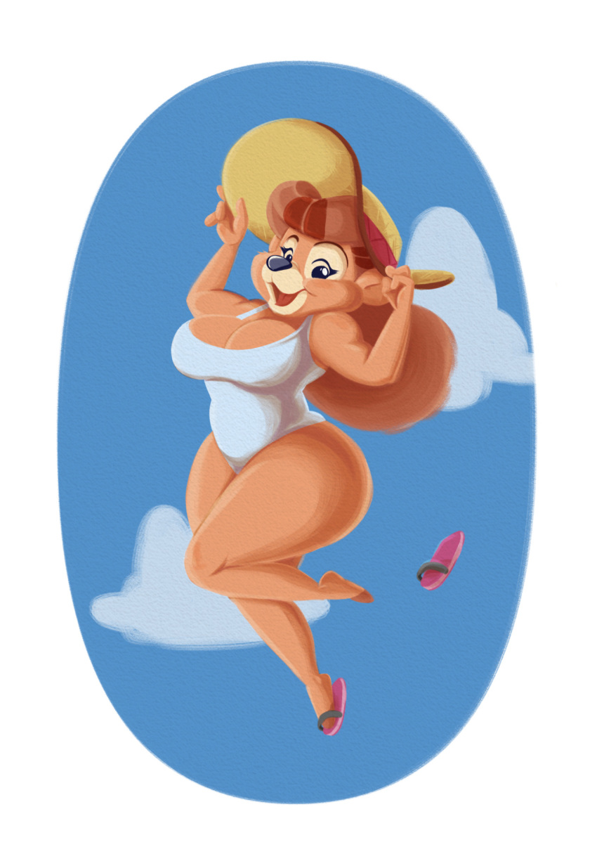 2016 anthro bear big_breasts black_nose breasts brown_fur brown_hair cleavage clothed clothing disney female flip_flops footwear fur hair happy hat hi_res joelasko long_hair looking_at_viewer mammal mature_female pinup pose rebecca_cunningham sandals slightly_chubby smile solo swimsuit talespin thick_thighs voluptuous wide_hips