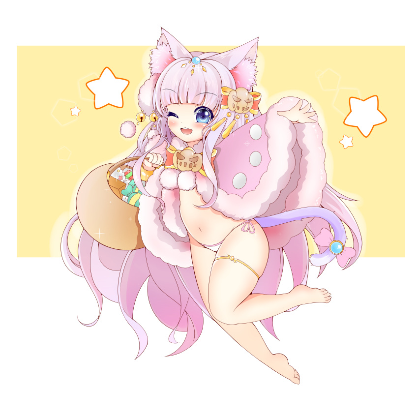 absurdres animal_ears arm_up barefoot basket bell blue_eyes blush candy capelet cat_ears cat_tail commentary dungeon_and_fighter food hair_ornament highres jingle_bell legs long_hair lowleg lowleg_panties navel no_pants one_eye_closed open_mouth panties paruya pink_capelet pink_hair side-tie_panties smile solo tail thighlet toes underwear white_panties