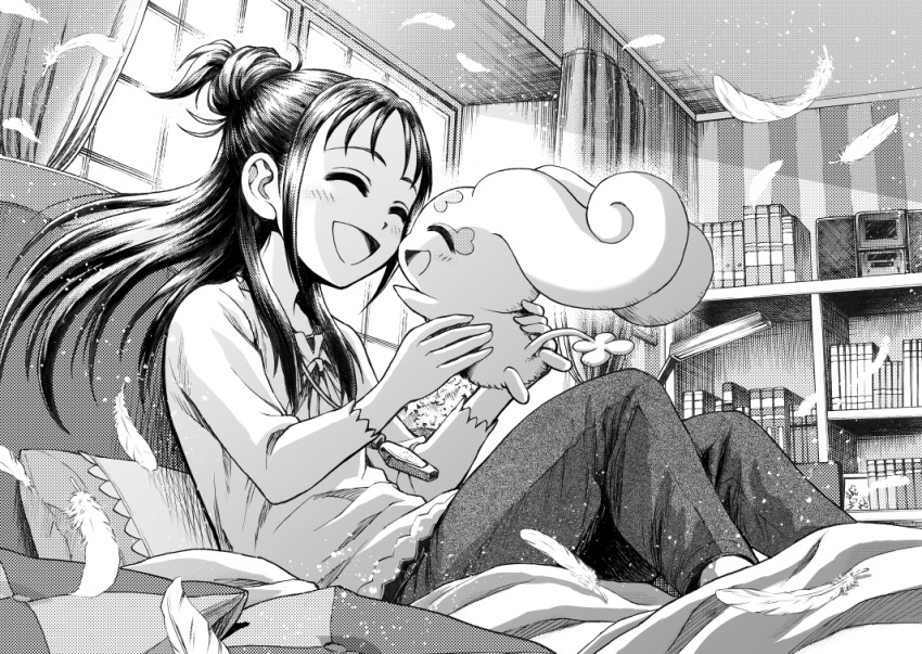 :d ^_^ bed bed_frame bed_sheet blue_eyes book bookshelf choppy closed_eyes commentary_request creature curtains cushion desk_lamp feathers futari_wa_precure_splash_star greyscale hair_bun holding indoors lamp long_hair long_sleeves mishou_mai monochrome nakajima_majikana neck_ribbon on_bed open_mouth pants pillow precure ribbon shirt sidelocks sitting smile stereo striped whistle window