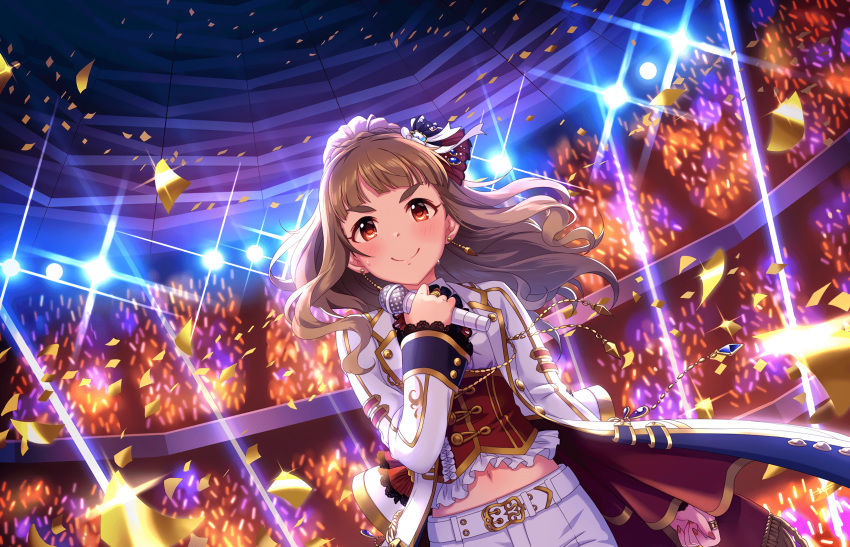 artist_request bangs belt blunt_bangs blush brown_hair confetti earrings eyebrows frills hair_bun hair_ornament highres holding holding_microphone idol idolmaster idolmaster_cinderella_girls idolmaster_cinderella_girls_starlight_stage jacket jewelry kamiya_nao lace lights long_hair long_sleeves looking_at_viewer microphone midriff navel official_art red_eyes ring shorts smile solo stage standing sweat thick_eyebrows wavy_hair