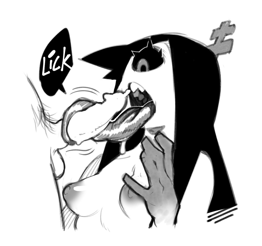 1_eye 5_fingers ata_(anaid) balls big_eyes black_and_white black_hair black_sclera breasts cyclops dialogue duo english_text erection eyelashes female hair hair_ornament hi_res humanoid humanoid_hands humanoid_penis long_hair long_tongue longtailclops male male/female monochrome monster_girl_(genre) multicolored_skin nipples noseless not_furry open_mouth oral penis pubes sex sharp_teeth small_breasts speech_bubble tailclops_(species) talez01 teeth text tongue tongue_out tonguejob two_tone_skin