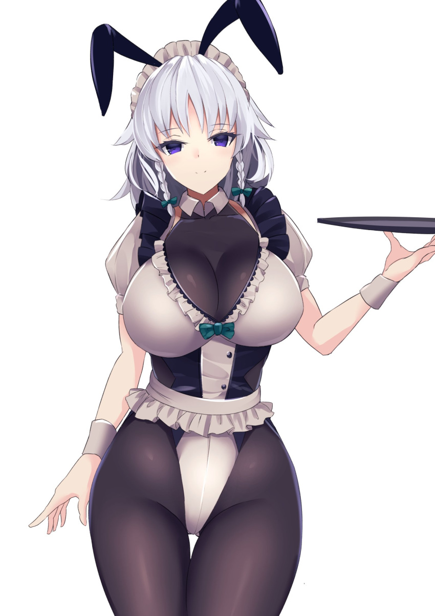 alternate_costume animal_ears ass_visible_through_thighs bangs blush bodysuit bow braid breasts bunny_ears collarbone commentary_request cowboy_shot eyebrows_visible_through_hair eyelashes fake_animal_ears frills green_bow groin hair_bow hand_up head_tilt highres holding holding_tray izayoi_sakuya large_breasts looking_at_viewer maid maid_headdress puffy_short_sleeves puffy_sleeves purple_eyes short_hair short_sleeves silver_hair simple_background sinkai smile solo standing thighs touhou tray twin_braids white_background wrist_cuffs