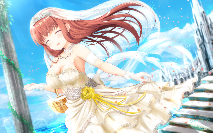 amatsu_kanata arm_strap artist_name bangs bare_shoulders basket blue_sky blurry breasts bridal_veil bride brown_hair choker church cleavage closed_eyes cloud collarbone commentary_request dated day depth_of_field dress eyebrows_visible_through_hair flower girlfriend_(kari) gloves highres holding holding_basket jewelry large_breasts long_hair masa_(mirage77) medium_breasts necklace ocean open_mouth outdoors partial_commentary petals rose sky smile solo stairs standing strapless strapless_dress veil wallpaper water wedding wedding_dress white_choker white_dress white_gloves white_neckwear yellow_flower yellow_rose