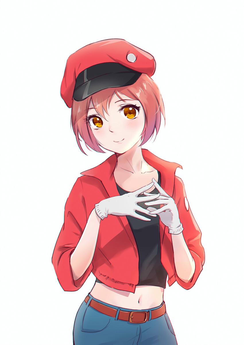 ae-3803 belt black_shirt breasts cabbie_hat cowboy_shot gloves hands_together hat hataraku_saibou highres jacket looking_at_viewer midriff navel orange_eyes red_blood_cell_(hataraku_saibou) red_hair red_hat red_jacket shirt short_hair simple_background small_breasts smile solo t-shirt umumu white_background white_gloves