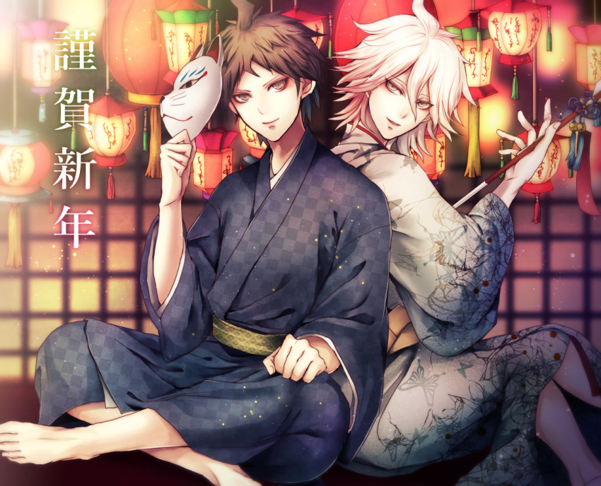 :d animal_print back-to-back barefoot black_kimono brown_eyes brown_hair butterfly_print checkered checkered_kimono danganronpa fox_mask grey_kimono hair_between_eyes hinata_hajime holding holding_mask indian_style japanese_clothes kimono komaeda_nagito lantern looking_at_viewer male_focus mask mask_removed multiple_boys open_mouth print_kimono silver_hair sitting smile spiked_hair super_danganronpa_2 z-epto_(chat-noir86)