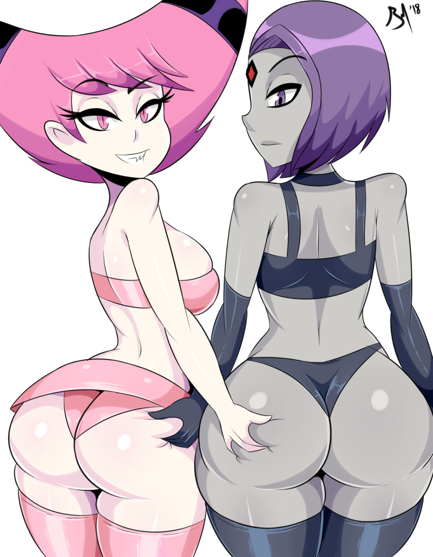 2girls ass ass_grab bare_shoulders bmayneart breasts dc_comics deep_skin elbow_gloves from_behind gloves grey_skin grin huge_ass jinx large_breasts long_hair looking_at_viewer looking_back miniskirt multiple_girls panties pink_eyes pink_hair purple_eyes purple_hair raven_(dc) sharp_teeth shiny shiny_clothes shiny_hair shiny_skin short_hair sideboob simple_background skirt slit_pupils smile sports_bra strapless teen_titans teeth thighhighs thong tubetop underwear white_background