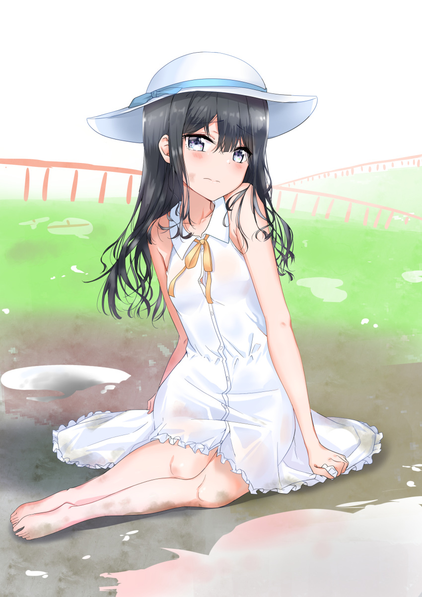 absurdres adagaki_aki bad_feet barefoot black_hair blue_eyes blue_ribbon blush breasts button_gap day dirty dirty_clothes dirty_face dirty_feet dress eyebrows_visible_through_hair hair_between_eyes hat hat_ribbon highres long_hair looking_at_viewer masamune-kun_no_revenge md5_mismatch outdoors puddle ribbon sitting small_breasts sun_hat sunhyun tears white_dress white_hat white_sky yellow_ribbon