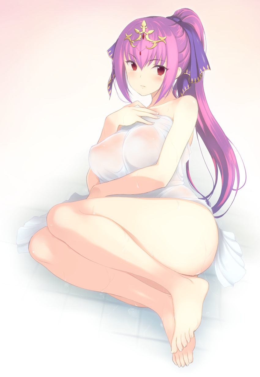 3yuki absurdres bangs bare_shoulders barefoot blush breasts commentary_request covered_nipples fate/grand_order fate_(series) feet hair_between_eyes highres large_breasts long_hair looking_at_viewer lying naked_towel on_side purple_hair red_eyes scathach_(fate)_(all) scathach_skadi_(fate/grand_order) simple_background solo tiara tile_floor tiles towel translucent wet white_towel