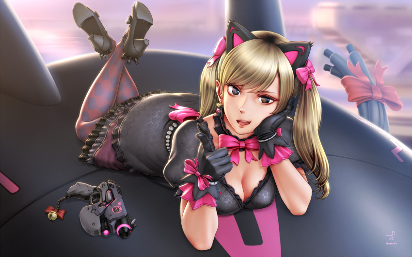 ;d alternate_costume animal_ears back bell black_cat_d.va black_dress black_gloves blonde_hair breasts cat_ears cleavage commentary_request crossed_legs d.va_(overwatch) dress earrings fake_animal_ears finger_gun gloves gun hand_rest heart heart_earrings high_heels highres horiishi_horuto jewelry jingle_bell legs_up long_hair looking_at_viewer lying medium_breasts meka_(overwatch) on_stomach one_eye_closed open_mouth overwatch pantyhose pointing pointing_at_viewer purple_legwear revision smile solo twintails weapon