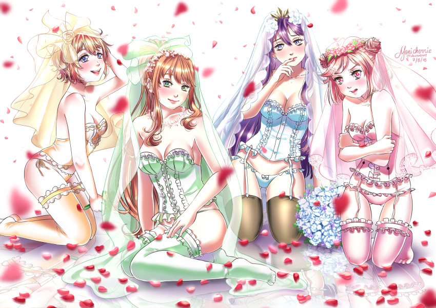 :d absurdres alternate_hairstyle artist_name ass_visible_through_thighs bare_shoulders blue_eyes blush breasts bridal_veil bride brown_hair cleavage collarbone commentary dated doki_doki_literature_club double_bun english_commentary flower_wreath frown garter_straps green_eyes green_legwear highres jewelry kneeling lingerie long_hair looking_at_viewer medium_breasts monicherrie monika_(doki_doki_literature_club) multiple_girls natsuki_(doki_doki_literature_club) necklace open_mouth petals pink_eyes pink_hair pink_legwear ponytail purple_eyes purple_hair reflection reflective_floor rose_petals sayori_(doki_doki_literature_club) short_hair smile take_your_pick thighhighs underwear veil very_long_hair yellow_neckwear yuri_(doki_doki_literature_club)
