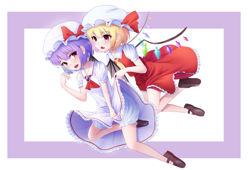 absurdres bare_legs blonde_hair bloomers blush crystal demon_wings dress dress_lift fang flandre_scarlet full_body hat hat_ribbon highres letia lifted_by_another looking_at_another looking_back mary_janes multiple_girls purple_hair red_eyes red_ribbon red_skirt red_vest remilia_scarlet ribbon shoes short_hair siblings sisters skirt touhou underwear vest white_dress wings