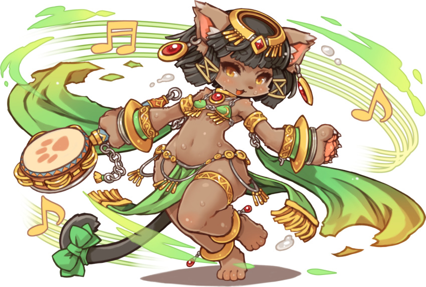 animal_ears anklet armlet bastet_(fullbokko_heroes) beamed_sixteenth_notes bikini_top black_hair cat_ears cat_tail drum earrings eighth_note full_body fullbokko_heroes fur furry holding instrument jewelry loincloth musical_note navel original paw_print pelvic_curtain shigatake short_hair solo sweat tail thigh_strap transparent_background wide_hips yellow_eyes