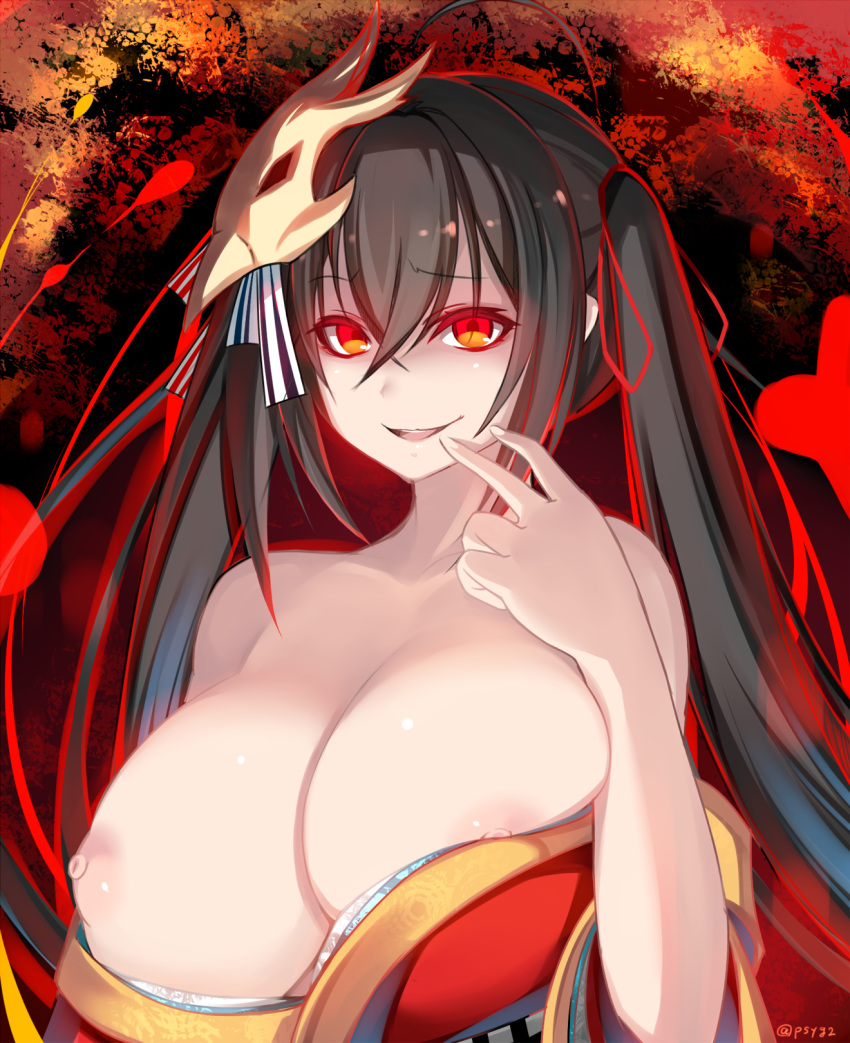 ahoge azur_lane bare_shoulders black_hair blush breasts collarbone eyebrows_visible_through_hair finger_to_face hair_between_eyes hair_ornament hair_ribbon hand_up highres huge_breasts japanese_clothes kimono long_hair looking_at_viewer nipple_slip nipples off_shoulder open_mouth red_eyes ribbon shaded_face shiki_(psychedelic_g2) smile smirk solo taihou_(azur_lane) twintails twitter_username very_long_hair