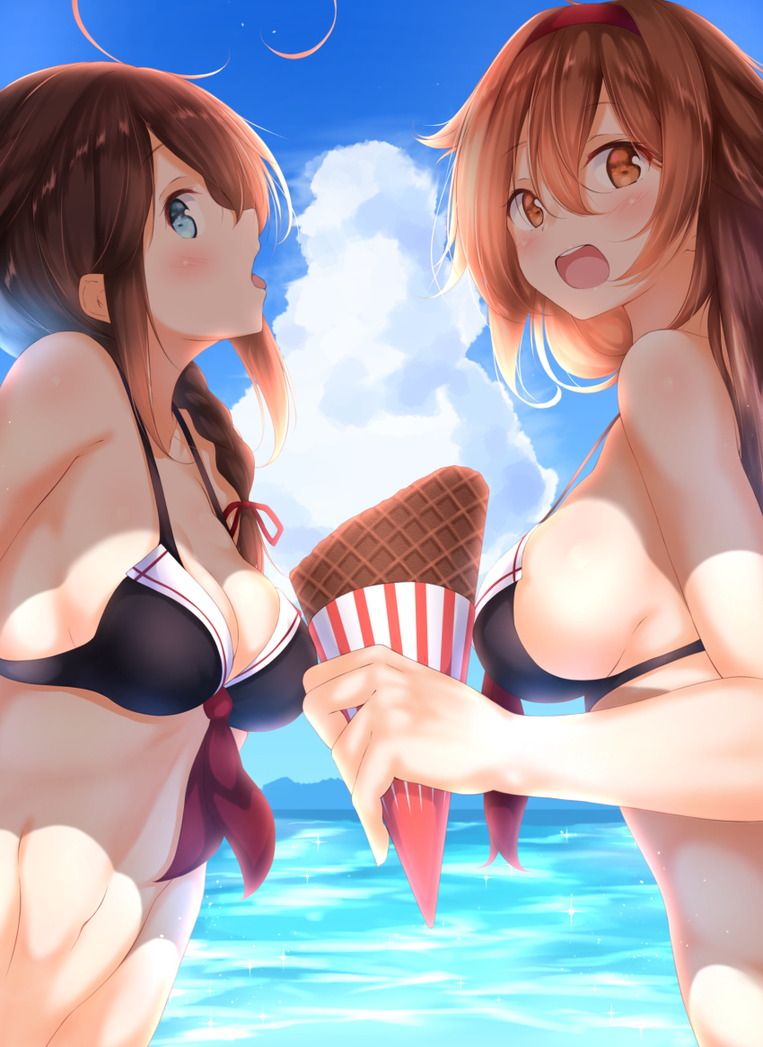 ahoge alternate_costume bangs bare_shoulders beach bikini blue_eyes blue_sky blush braid breasts brown_eyes brown_hair cleavage cloud collarbone commentary_request day food from_side hair_between_eyes hair_flaps hair_ornament hair_over_shoulder hair_ribbon hairband highres holding holding_food ice_cream_cone kantai_collection long_hair looking_at_viewer looking_back medium_breasts multiple_girls navel numpopo ocean open_mouth orange_eyes outdoors red_hairband remodel_(kantai_collection) ribbon sand shigure_(kantai_collection) shiratsuyu_(kantai_collection) sideboob sidelocks single_braid sky smile stomach swimsuit tongue tongue_out upper_body
