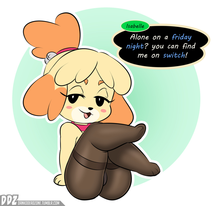 2018 alternate_costume animal_crossing anthro bedroom_eyes canine clothing dankodeadzone dialogue dog english_text female fur half-closed_eyes isabelle_(animal_crossing) legs_up legwear lingerie looking_at_viewer mammal nintendo pantyhose seductive shih_tzu simple_background sitting smile solo text thick_thighs video_games white_background yellow_fur