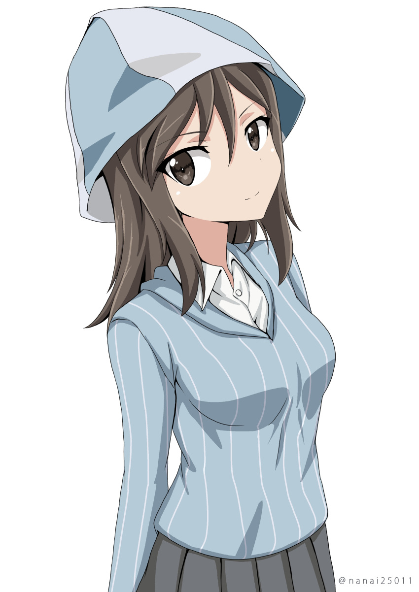 absurdres bangs blue_hat blue_shirt brown_eyes brown_hair closed_mouth commentary dress_shirt eyebrows_visible_through_hair girls_und_panzer grey_skirt hat head_tilt highres keizoku_school_uniform long_hair long_sleeves looking_at_viewer mika_(girls_und_panzer) pleated_skirt school_uniform shibagami shirt simple_background skirt smile solo standing striped striped_shirt upper_body vertical-striped_shirt vertical_stripes white_background white_shirt