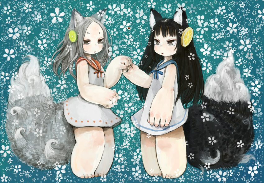 anatomical_nonsense animal_ears bad_anatomy bangs bare_arms barefoot black_hair blue_background blue_neckwear blue_ribbon blue_sailor_collar commentary_request dress ebimomo floral_background food forehead fox_ears fox_tail from_side fruit grey_eyes grey_hair hair_ornament holding_hands large_tail lemon lemon_slice lime_slice looking_at_viewer looking_to_the_side multiple_girls neck_ribbon original parted_bangs parted_lips red_neckwear red_ribbon red_sailor_collar ribbon sailor_collar sailor_dress standing tail