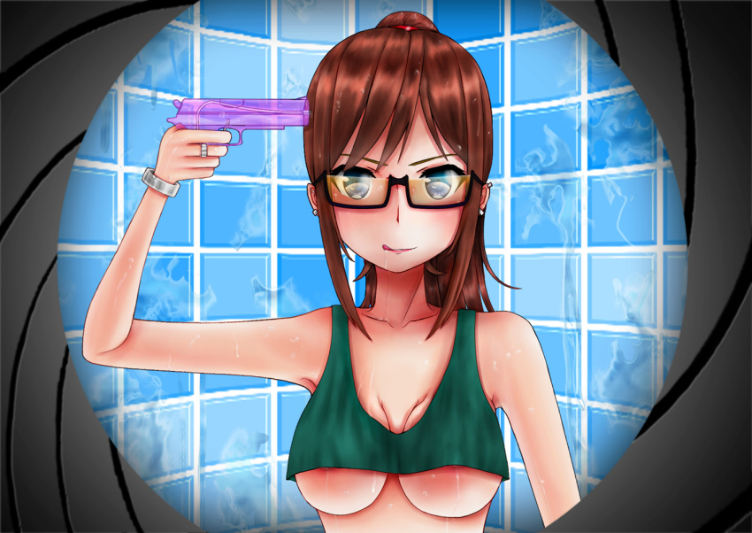 1girl areola_slip areolae bare_shoulders blue_eyes bracelet breasts brown_hair earrings glasses hiron jewelry long_hair looking_at_viewer medium_breasts no_bra original ponytail ring solo standing tank_top tiles tongue tongue_out underboob upper_body water_gun wet