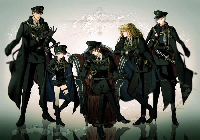 absurdres alternate_costume azuki_nagamitsu_(touken_ranbu) black_gloves black_hair black_legwear blonde_hair blue_eyes brown_hair cape chair commentary_request crossed_legs daihannya_nagamitsu_(touken_ranbu) dango eyepatch food garters gloves hair_ornament hairclip hat highres jacket_on_shoulders katana kenshin_kagemitsu kouryuu_kagemitsu male_focus military military_hat military_uniform multiple_boys necktie one_eye_closed ponytail purple_eyes red_eyes reflective_floor sanshoku_dango sheath sheathed shokudaikiri_mitsutada shorts silver_hair single_thighhigh sitting smile sock_garters sword thighhighs touken_ranbu uniform wagashi weapon white_gloves yellow_eyes yuuno_(yukioka)