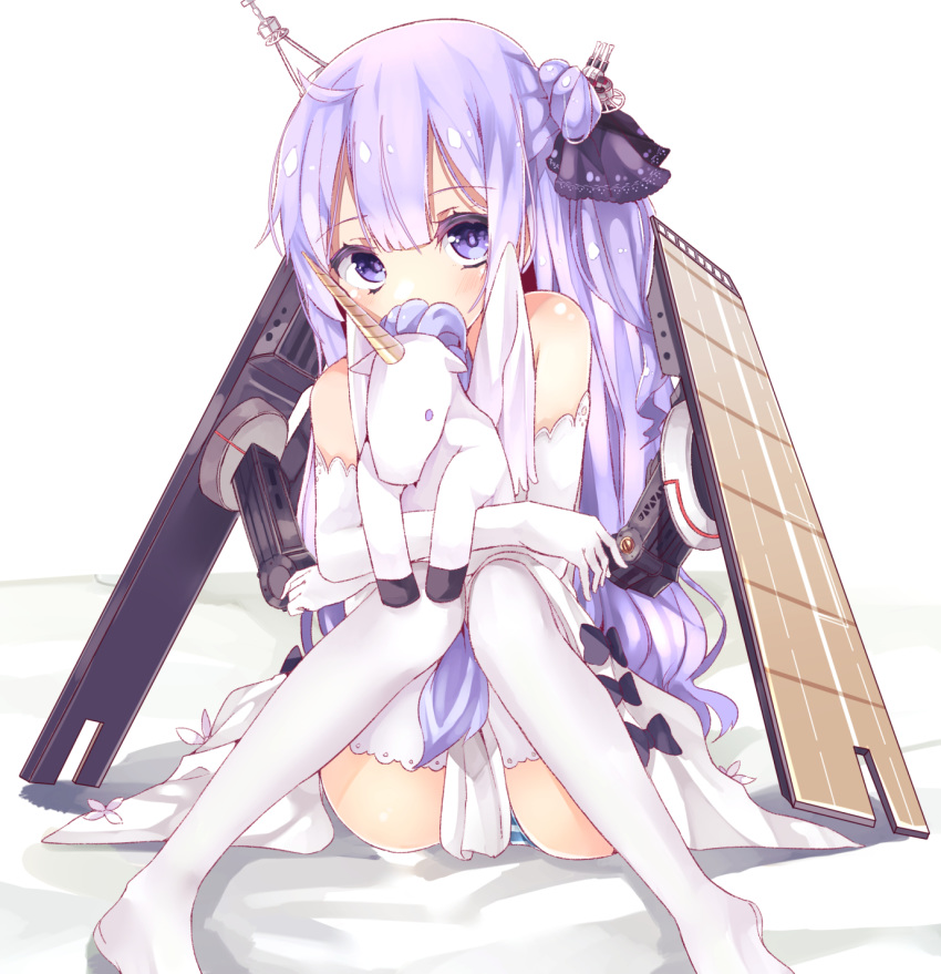 ahoge azur_lane bangs bare_shoulders bed_sheet black_bow black_ribbon blush bow commentary_request covered_mouth dress dress_bow elbow_gloves eyebrows_visible_through_hair gloves hair_between_eyes hair_bun hair_ribbon head_tilt headgear highres knees_together_feet_apart knees_up lace lace-trimmed_ribbon lace-trimmed_thighhighs legs long_hair looking_at_viewer no_shoes object_hug one_side_up panties pantyshot pantyshot_(sitting) purple_eyes purple_hair ribbon rigging side_bun sitting solo striped striped_panties stuffed_alicorn stuffed_animal stuffed_toy thighhighs thighs underwear unicorn_(azur_lane) very_long_hair white_dress white_gloves white_legwear yunekoko