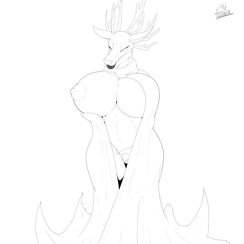 angrypotato96 antlers areola big_breasts breasts cervine cleavage cloak clothed clothing female hi_res horn mammal mature_female monster nipple_slip nipples solo specimen_8 spooky's_jump_scare_mansion wide_hips