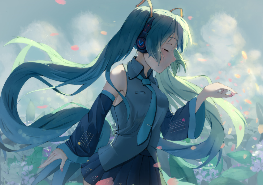 absurdres black_skirt blue_hair blue_neckwear blush breasts closed_eyes cloud crying day detached_sleeves dress dress_shirt field floating_hair flower flower_field green_hair grey_dress hatsune_miku highres long_hair miniskirt multicolored_hair nail_polish necktie outdoors pink_nails shirt skirt sleeveless sleeveless_shirt small_breasts solo standing tears twintails two-tone_hair user_cxmk7438 very_long_hair vocaloid