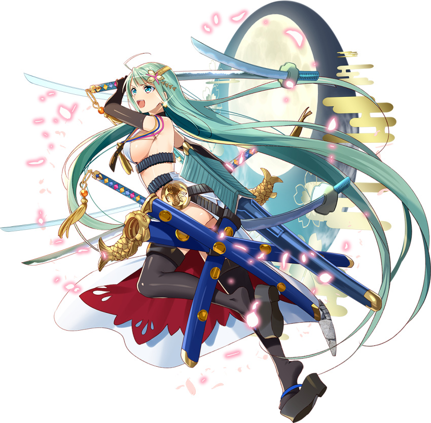 :d absurdly_long_hair ahoge ass black_gloves black_legwear blue_eyes blush breasts cleavage earrings elbow_gloves eyebrows_visible_through_hair full_body gloves green_hair heart heart_earrings holding holding_sword holding_weapon jewelry large_breasts long_hair looking_at_viewer murakami_yuichi official_art open_mouth oshiro_project oshiro_project_re platform_footwear sheath sheathed smile solo sword thighhighs tokugawa_osaka_(oshiro_project) transparent_background v-shaped_eyebrows very_long_hair weapon