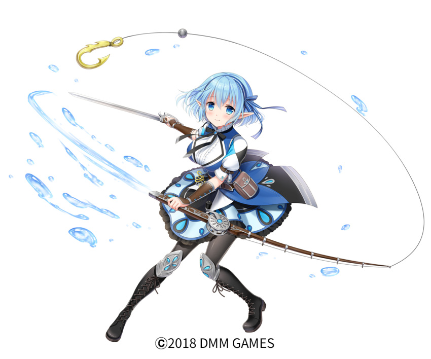 arm_guards black_legwear black_skirt blue_bow blue_eyes blue_hair blue_hairband blue_vest blush boots bow breasts closed_mouth commentary_request cross-laced_footwear dual_wielding fiona_(gemini_seed) fishing_hook fishing_line fishing_rod gemini_seed hagino_kouta hair_bow hairband holding holding_fishing_rod holding_sword holding_weapon knee_boots lace-up_boots large_breasts official_art pantyhose pointy_ears puffy_short_sleeves puffy_sleeves shirt short_hair short_sleeves simple_background skirt smile solo striped striped_bow striped_hairband sword vest water_drop watermark weapon white_background white_shirt