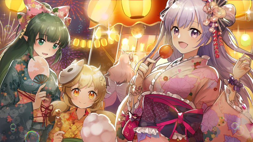:d absurdres aerial_fireworks bad_id bad_pixiv_id blush bow candy_apple cotton_candy dango elf fan festival fireworks floral_print flower food green_eyes green_hair green_kimono hair_bow hair_flower hair_ornament hand_up highres holding holding_food japanese_clothes kimono lantern leaf_print leona_(teria_saga) leti_(teria_saga) long_hair looking_at_viewer mano_(teria_saga) mask medium_hair multiple_girls night night_sky open_mouth outdoors paper_fan paper_lantern pink_bow pointy_ears ponytail purple_hair purple_scrunchie rama_(competitionentry) sash scrunchie selenium_(teria_saga) short_twintails sky smile sparkle standing teria_saga twintails upper_body wagashi wrist_scrunchie
