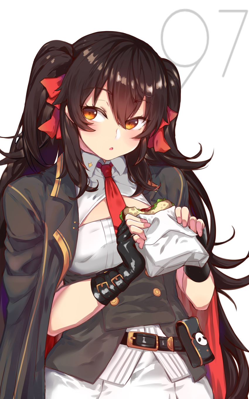 absurdres bangs belt black_gloves black_hair blush bow breasts brown_eyes buckle cape character_name cleavage_cutout collared_shirt commentary_request cowboy_shot double-breasted eyebrows_visible_through_hair fingerless_gloves food girls_frontline gloves hair_between_eyes hair_ribbon highres holding holding_food long_hair looking_at_viewer necktie open_mouth pouch qbz-97_(girls_frontline) red_bow red_neckwear ribbon sandwich shirt sidelocks simple_background skirt sleeveless sleeveless_shirt solo twintails underbust very_long_hair white_shirt white_skirt yugion