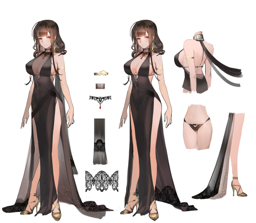 ahoge alternate_costume armlet bangs bare_shoulders black_dress black_panties blunt_bangs blush breasts brown_hair choker cleavage closed_mouth dress dsr-50_(girls_frontline) earrings eyebrows_visible_through_hair girls_frontline gold_footwear hair_ornament high_heels highres jewelry lace lace_panties large_breasts liduke lingerie long_hair looking_at_viewer multiple_views no_bra official_art panties pendant red_eyes ruby_(stone) see-through sidelocks simple_background smile thighlet thighs turnaround underwear variations very_long_hair white_background