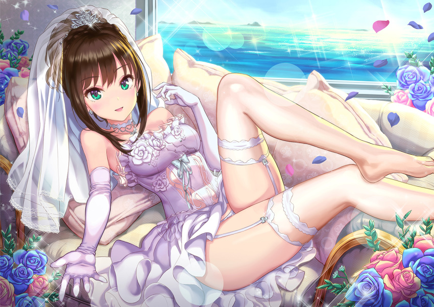 bangs bare_shoulders blush breasts bridal_veil bride brown_hair cleavage collarbone commentary couch dress earrings elbow_gloves feet flower garter_straps gloves green_eyes hair_between_eyes hhama hips idolmaster idolmaster_cinderella_girls jewelry knee_up legs long_hair looking_at_viewer lying medium_breasts on_back open_mouth petals shibuya_rin smile solo sparkle thighs tiara tied_hair veil wedding_dress white_dress white_gloves