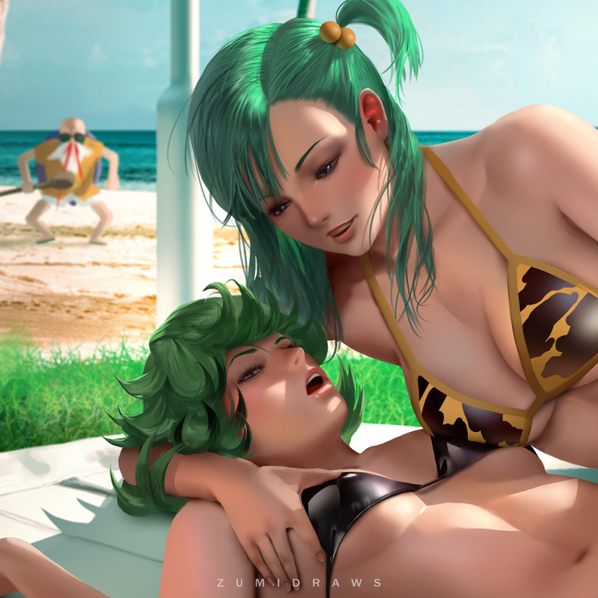 2girls animal_print artist_name asymmetrical_docking bare_shoulders beach bikini black_bikini blood blue_sky blurry blurry_background blush breast_grab breast_press breasts bulma cleavage color_connection commentary crossover curly_hair day dragon_ball dragon_ball_(classic) dragon_ball_z english_commentary grabbing grass green_eyes green_hair hair_color_connection hand_on_another's_chest horizon large_breasts lying multiple_girls muten_roushi nosebleed ocean on_back one-punch_man one_side_up open_mouth outdoors parted_lips pervert pole realistic sand short_hair side_ponytail sideboob sky small_breasts swimsuit tatsumaki tiger_print underboob water yuri zumi_(zumidraws)