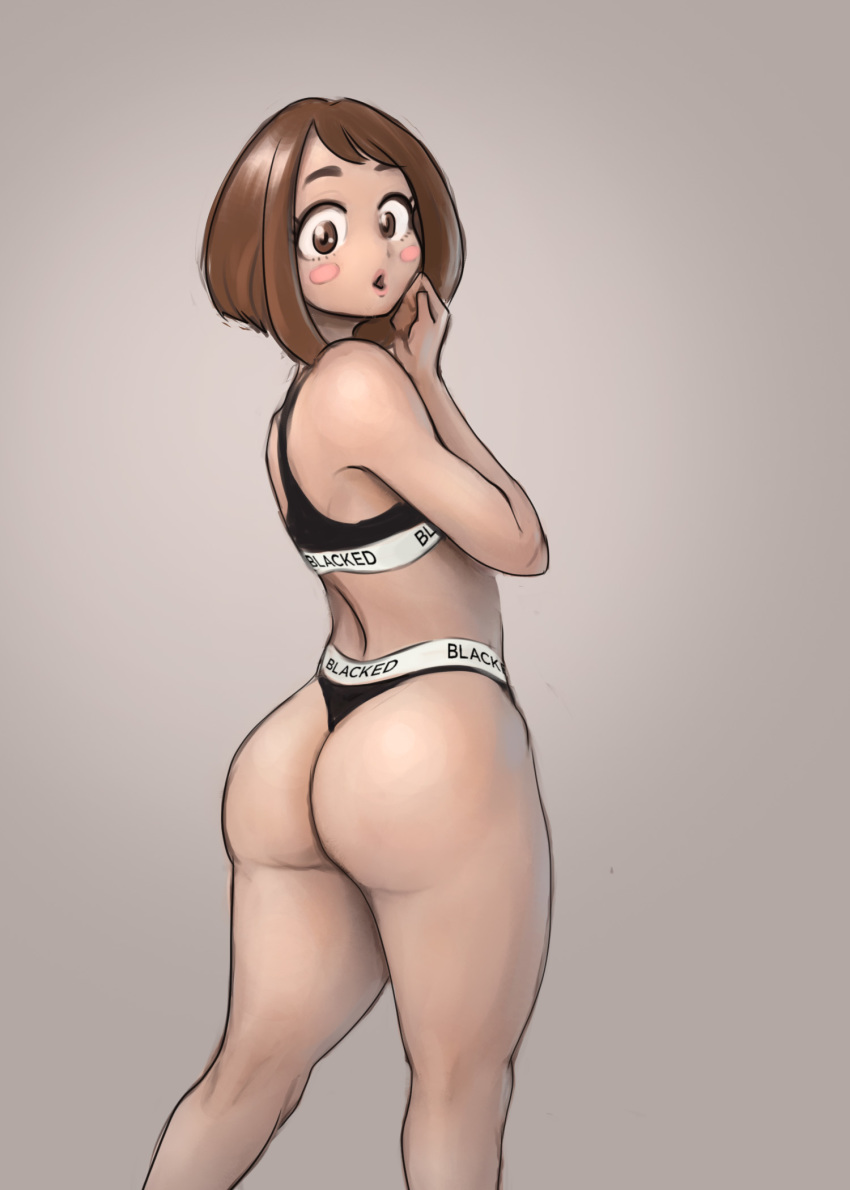 :o ass back bangs black_bra black_panties blackingurwaifu blush_stickers boku_no_hero_academia bra brown_eyes brown_hair clothes_writing commentary english_commentary from_behind grey_background hand_to_own_mouth highres lips looking_at_viewer looking_back panties print_bra print_panties short_hair simple_background solo standing swept_bangs thick_thighs thighs thong underwear underwear_only uraraka_ochako