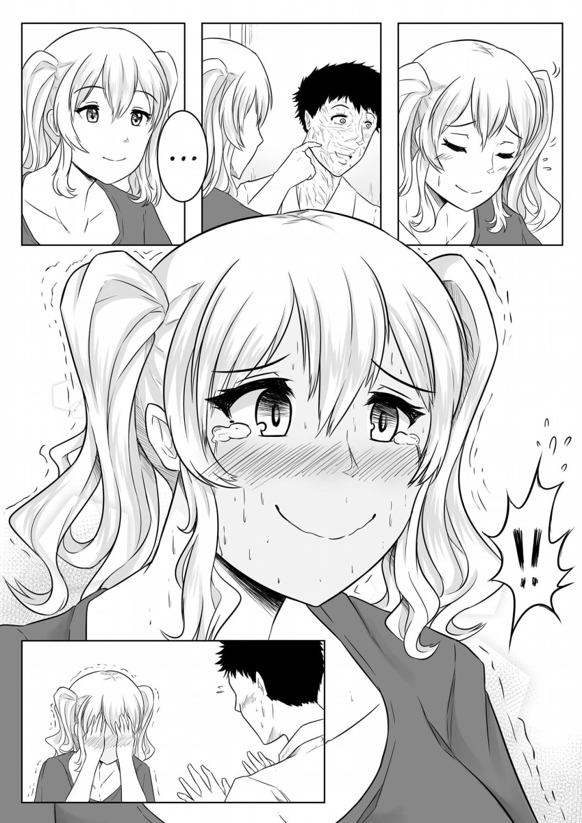 ... 1boy 1girl bangs blush closed_eyes comic commentary covering_face embarrassed finger_to_cheek full-face_blush greyscale hands_on_own_face highres kantai_collection kashima_(kantai_collection) monochrome robba-san_(wangphing) shaking_head spoken_ellipsis staring sweat tears trembling twintails wangphing
