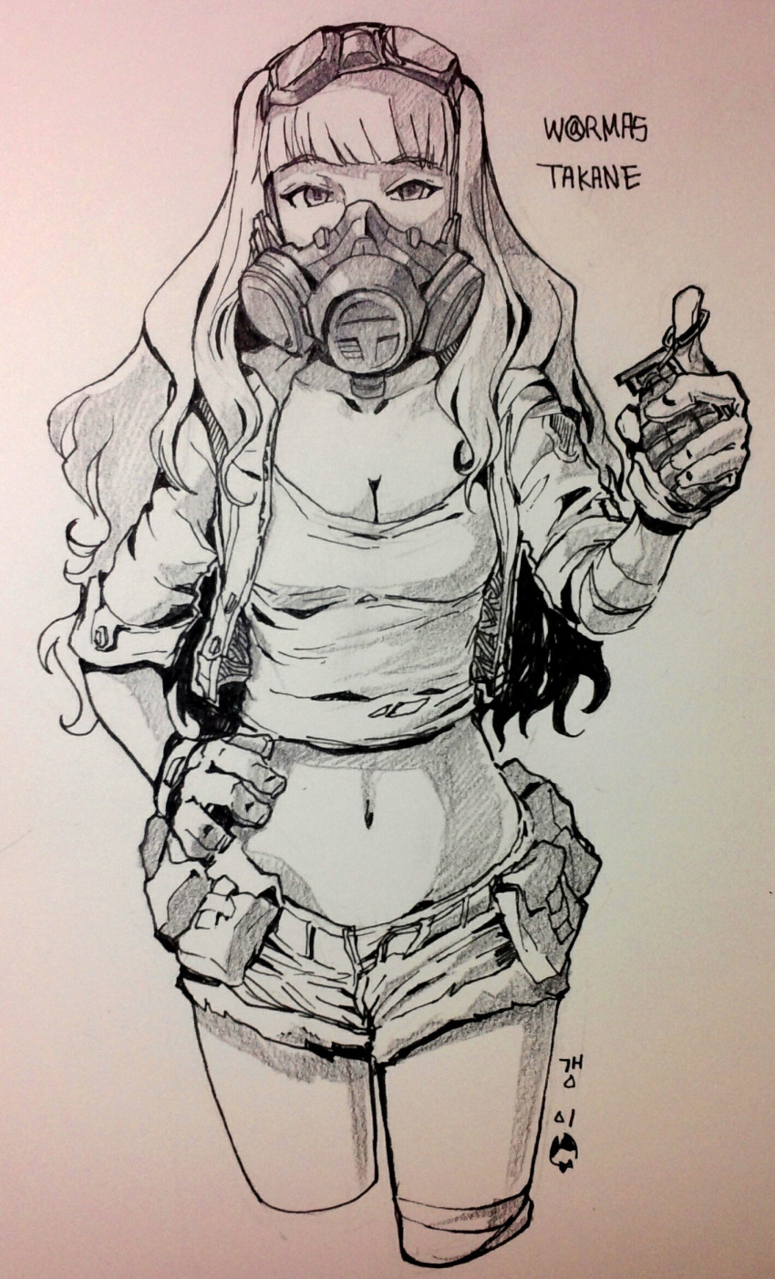 breasts cleavage commentary_request cowboy_shot cropped_legs cropped_shirt explosive gas_mask gloves goggles goggles_on_head graphite_(medium) grenade greyscale hand_on_hip hand_up highres holding_grenade idolmaster idolmaster_(classic) long_hair midriff monochrome navel photo shijou_takane short_shorts shorts solo traditional_media tuxedo_de_cat
