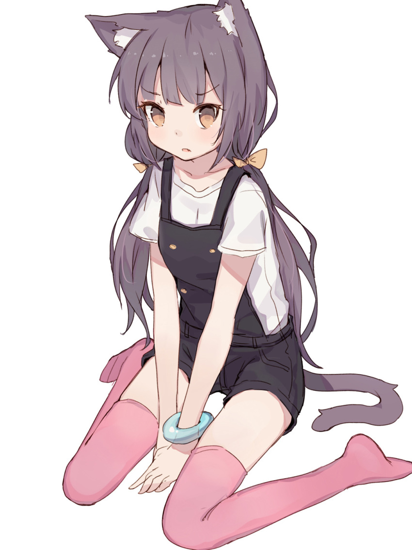 animal_ear_fluff animal_ears between_legs black_shorts brown_eyes cat_ears cat_tail eyebrows_visible_through_hair fang frown hand_between_legs highres long_hair looking_at_viewer low_twintails original overall_shorts parted_lips pink_legwear shirt shone short_sleeves shorts simple_background sitting sketch solo tail thighhighs twintails v-shaped_eyebrows wariza white_background white_shirt