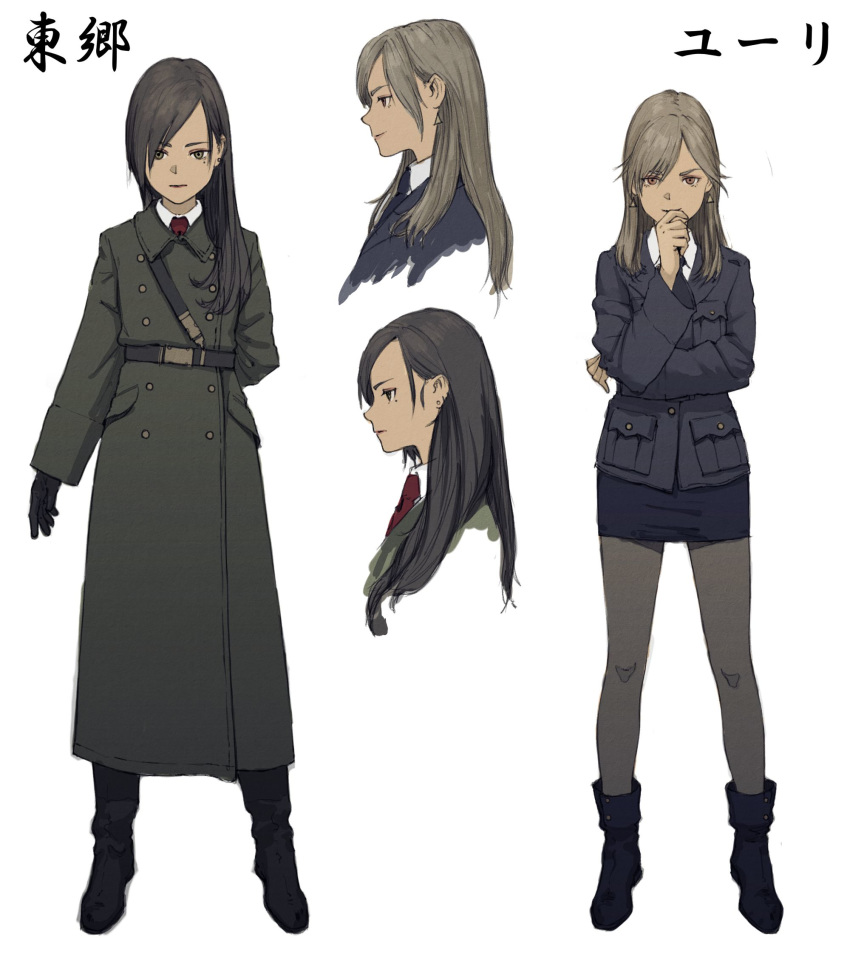 belt black_footwear black_gloves black_jacket black_skirt blonde_hair boots brown_eyes brown_hair character_request closed_mouth coat commentary_request earrings girls_und_panzer gloves grey_legwear hand_up highres jacket jewelry long_hair long_sleeves military military_uniform mole mole_under_eye multiple_girls original pantyhose pencil_skirt profile simple_background skirt smile standing standing_on_one_leg uniform white_background zennosuke