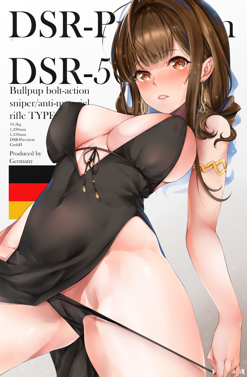 absurdres ahoge alternate_costume armlet bangs bare_shoulders black_dress black_panties blunt_bangs blush breasts brown_hair character_name cleavage commentary_request covered_navel covered_nipples dress dsr-50_(girls_frontline) earrings eyebrows_visible_through_hair german_flag germany girls_frontline groin hair_ornament highres hips jewelry large_breasts logo long_hair looking_at_viewer no_bra panties panty_tug parted_lips patchouligo red_eyes sidelocks smile solo stats thighs underwear very_long_hair