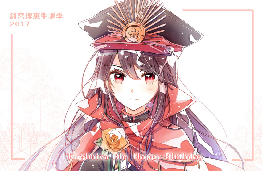 2017 black_hat brown_hair cape emo_(ricemo) eyebrows_visible_through_hair fate/grand_order fate_(series) floating_hair flower hair_between_eyes happy_birthday hat kugimiya_rie long_hair looking_at_viewer military_hat oda_nobunaga_(fate) orange_flower orange_rose red_cape red_eyes rose seiyuu_connection shiny shiny_hair solo upper_body white_background