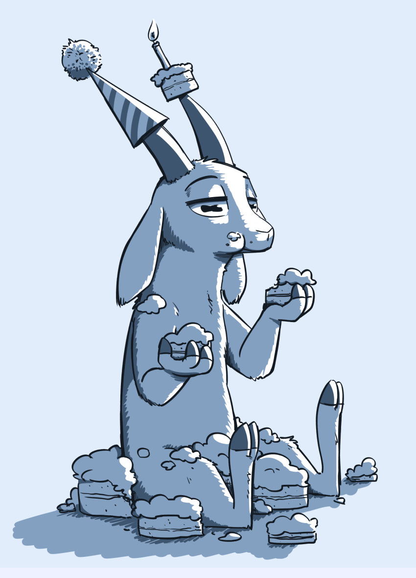 2018 anthro blue_and_white blue_background cake candle caprine disney eating fan_character fire food fuel_(artist) goat gud_(gudguymaybe) hat holding_object horizontal_pupils horn male mammal monochrome nude party_hat restricted_palette simple_background sitting solo zootopia